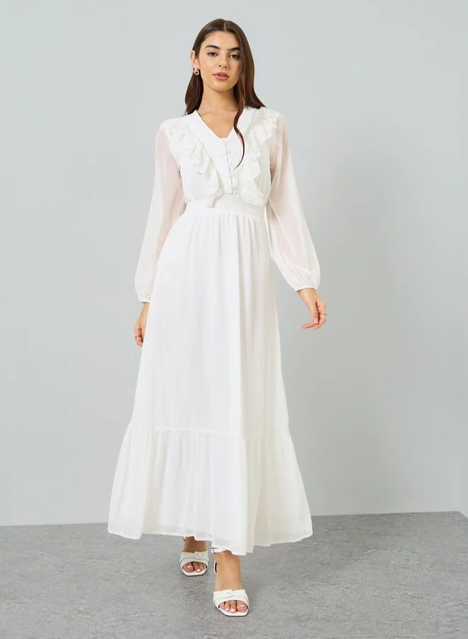 Styli Women White Ruffled A-Line Midi Dress